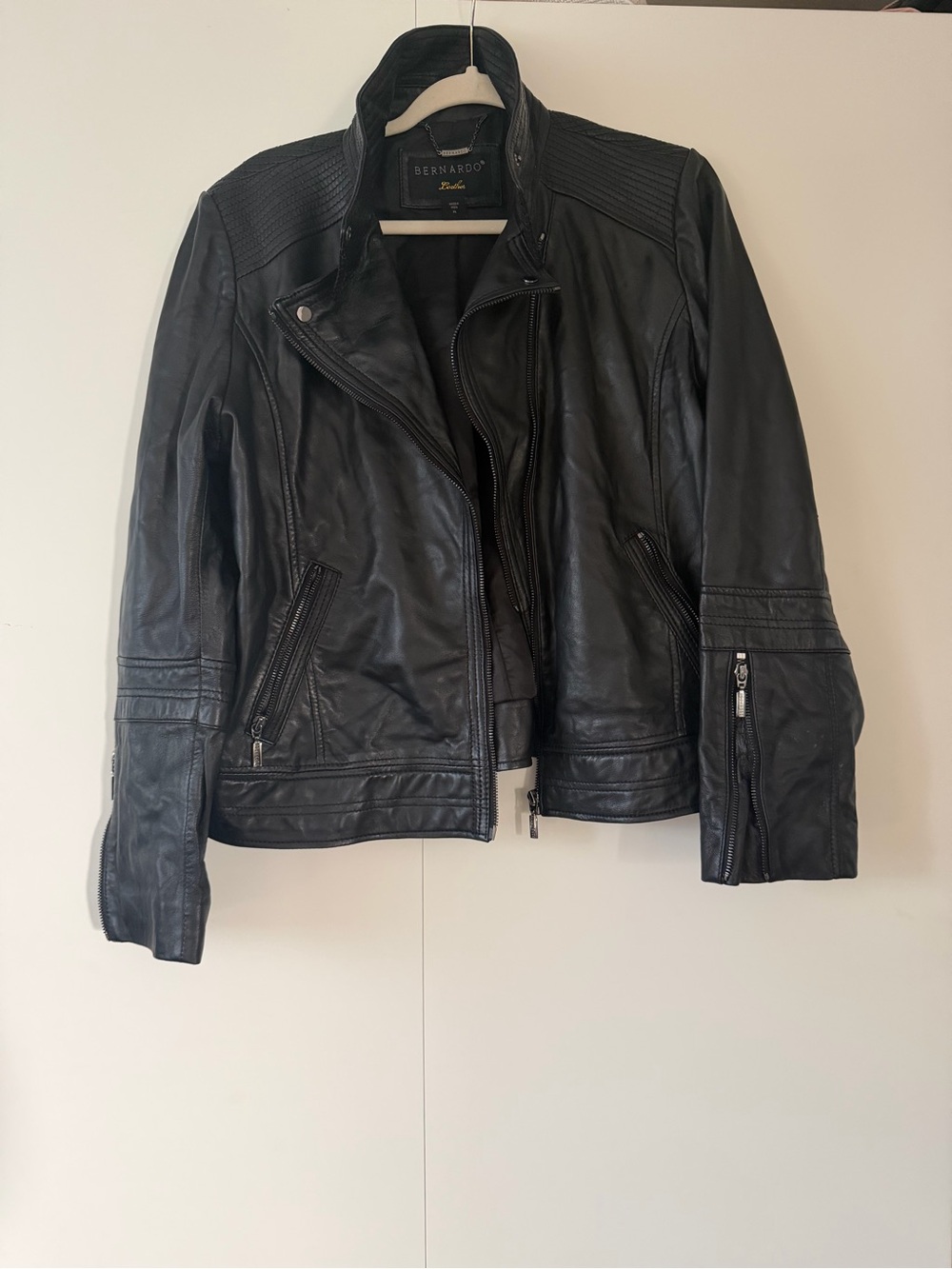 Bernardo Black Moto Leather Jacket with Ribbed Shoulder Detail